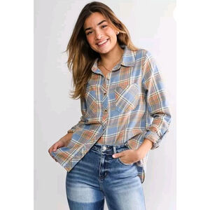 BKE Womens Plaid Flannel Shirt Dusty Blue, Orange & Olive Size S Adjust Sleeve